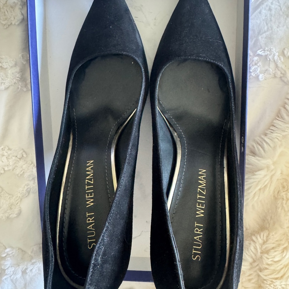 Stuart Weitzman Suede Sexy Black Heels with Gold on heel